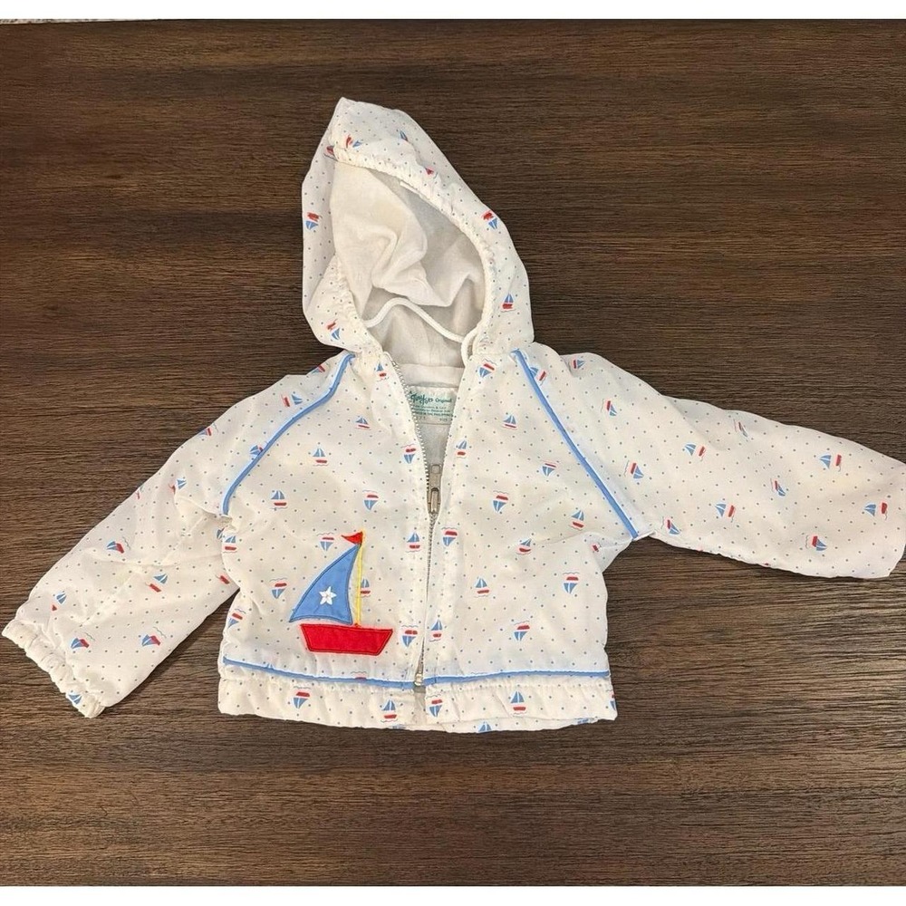 Vintage Tingly Tots Baby Boys White Sailboat Hooded Jacket Windbreaker 3-6 mo